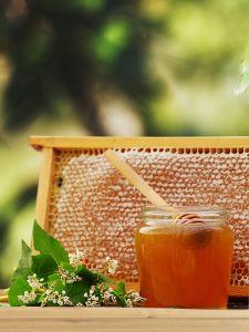 Honig im Glas mit voller Wabe dahinter